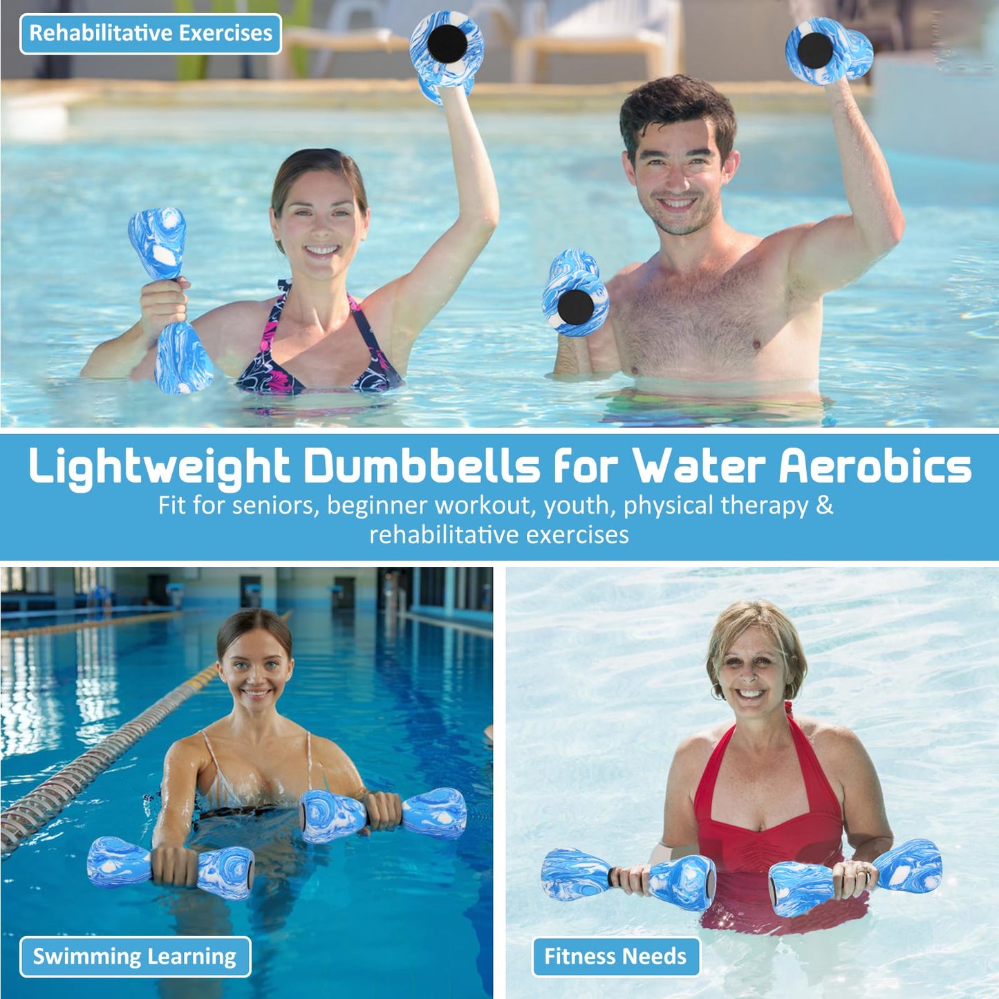 2PACK Aquatic Exercise Dumbbells, EVA Foam Barbells, Water Weights for Pool Exercise, Water Dumbbells for Men Women Water Workouts, Swimming Training (Blue+White)