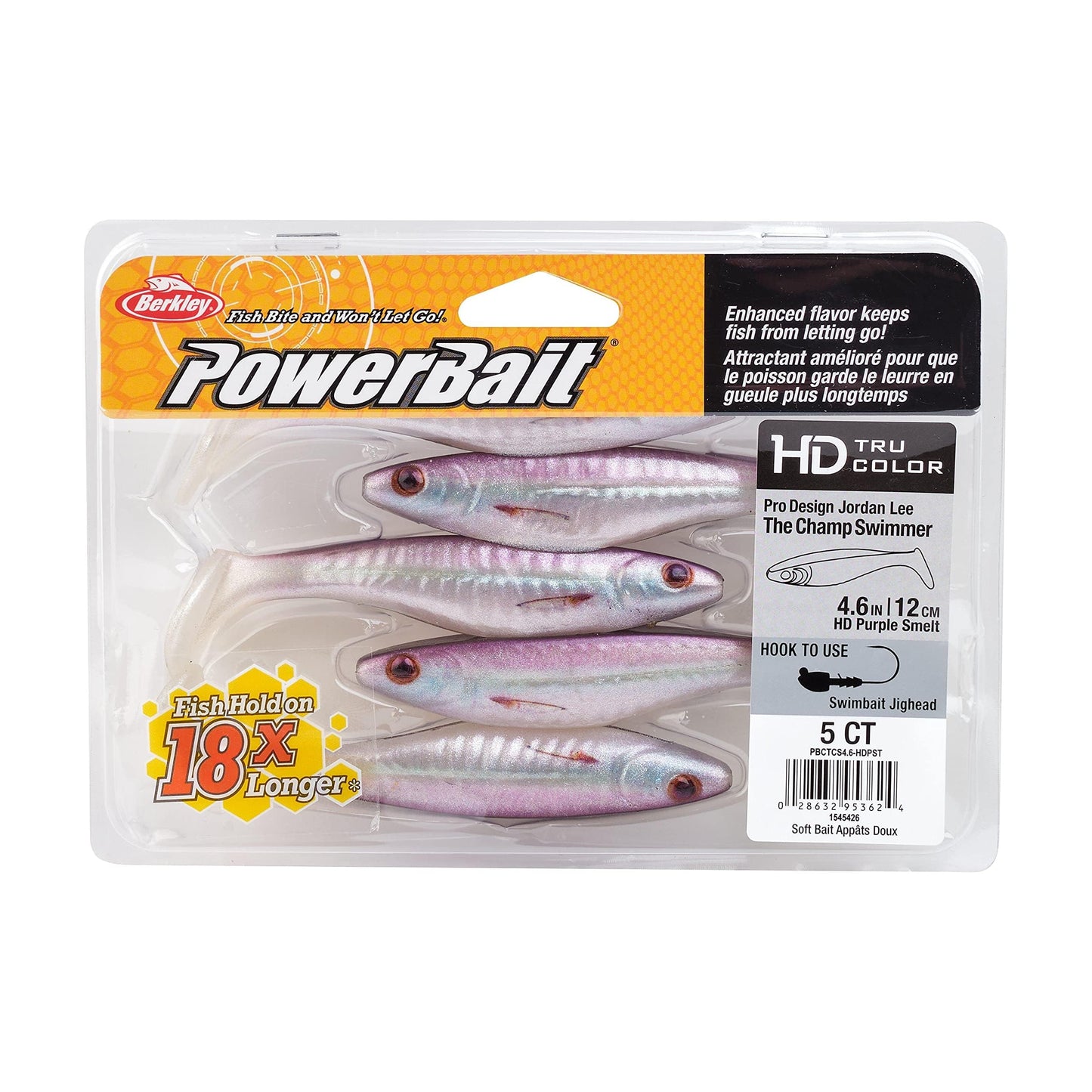Berkley Powerbait The Champ Swimmer Fishing Soft Bait, HD Purple Smelt, 5 Count, 4.6"