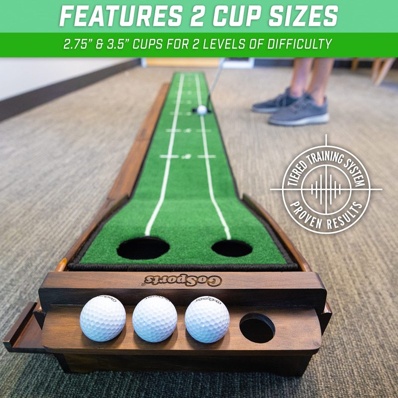 GoSports Pure Putt Golf 9 ft Putting Green Ramp - Premium Wood Training Aid for Home & Office Putting Practice, Includes 9 ft Putting Green and 4 Golf Balls