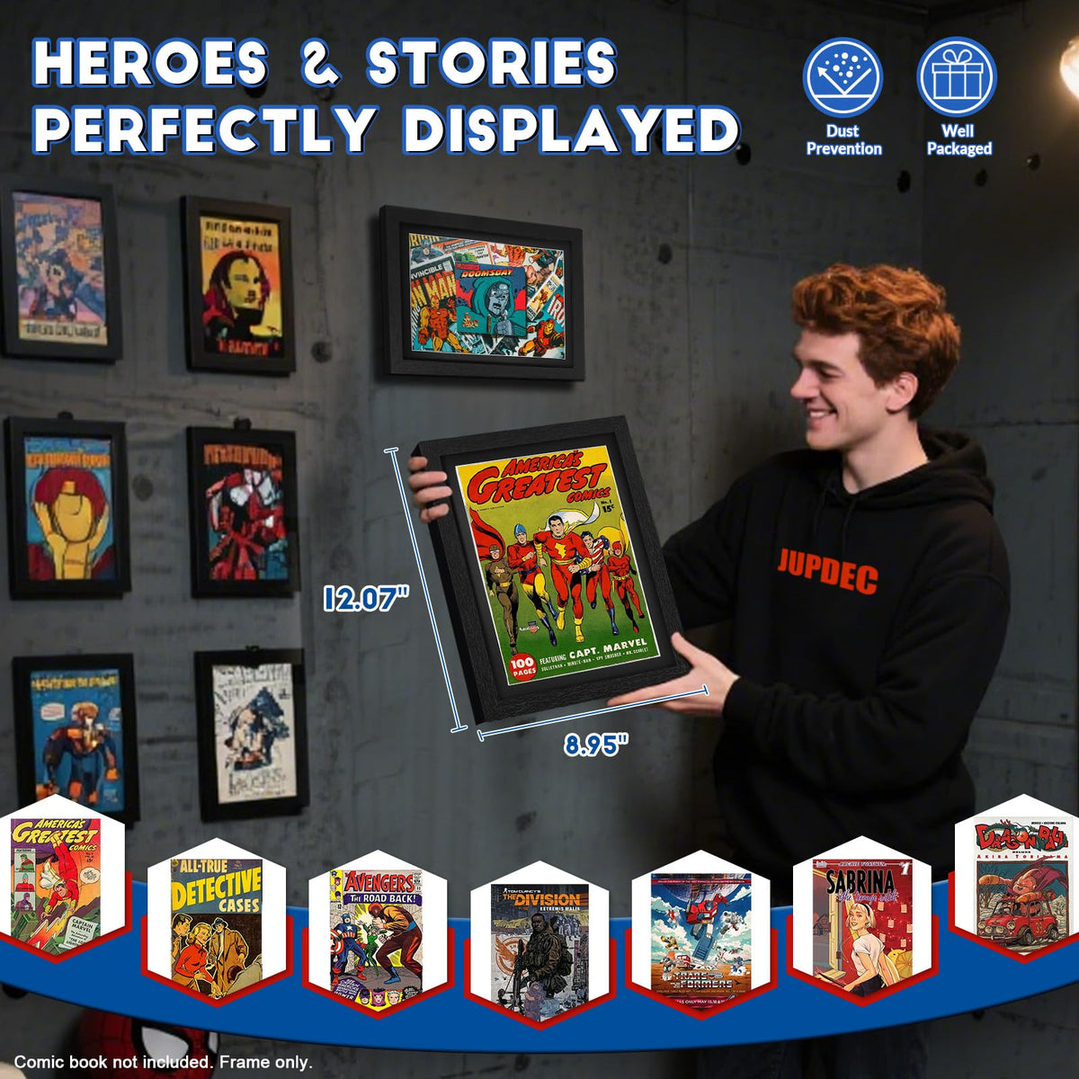 JupDec Comic Book Frame, Premium Wood Display Case for 6 11/16" × 10 3/16" Comic, Wall Mount or Tabletop Stand, Layered Design with Positioning Mat, Perfect for Home Decor, 4 Pack, Black