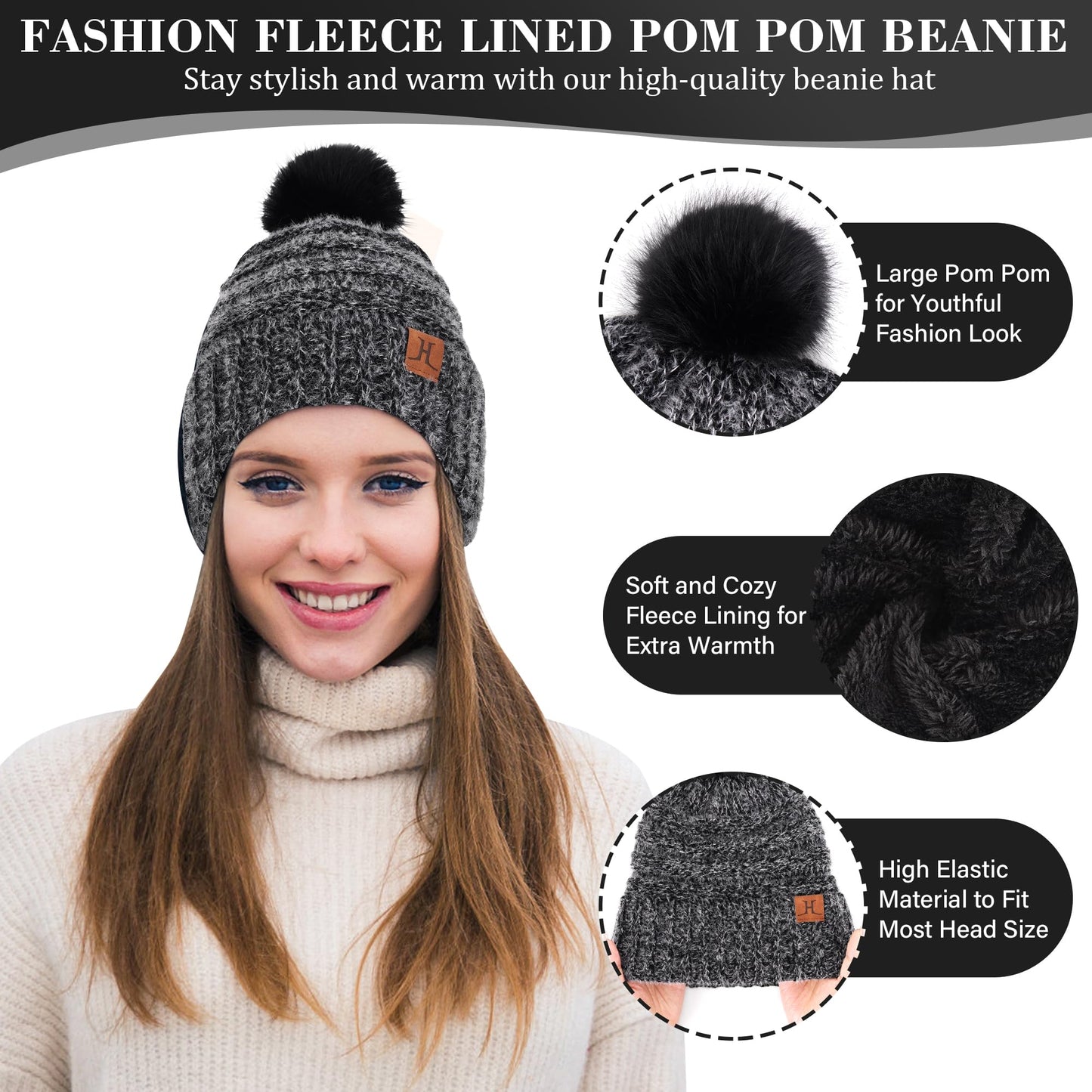 Womens Winter Hats Beanie Touchscreen Gloves Long Scarf Set Knit Warm Caps with Pom Fleece Gifts for Women