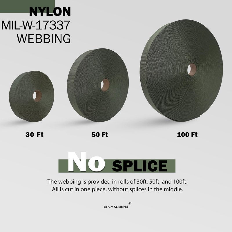 GM CLIMBING MIL-W-17337 Nylon Webbing Flat MilSpecs 1200Lbs for Tactical Goods, Backpack Straps, Loops, Slings, PALS MOLLE Webbing Adapter 1 inch x 30Ft / 10 Yards Ranger Green