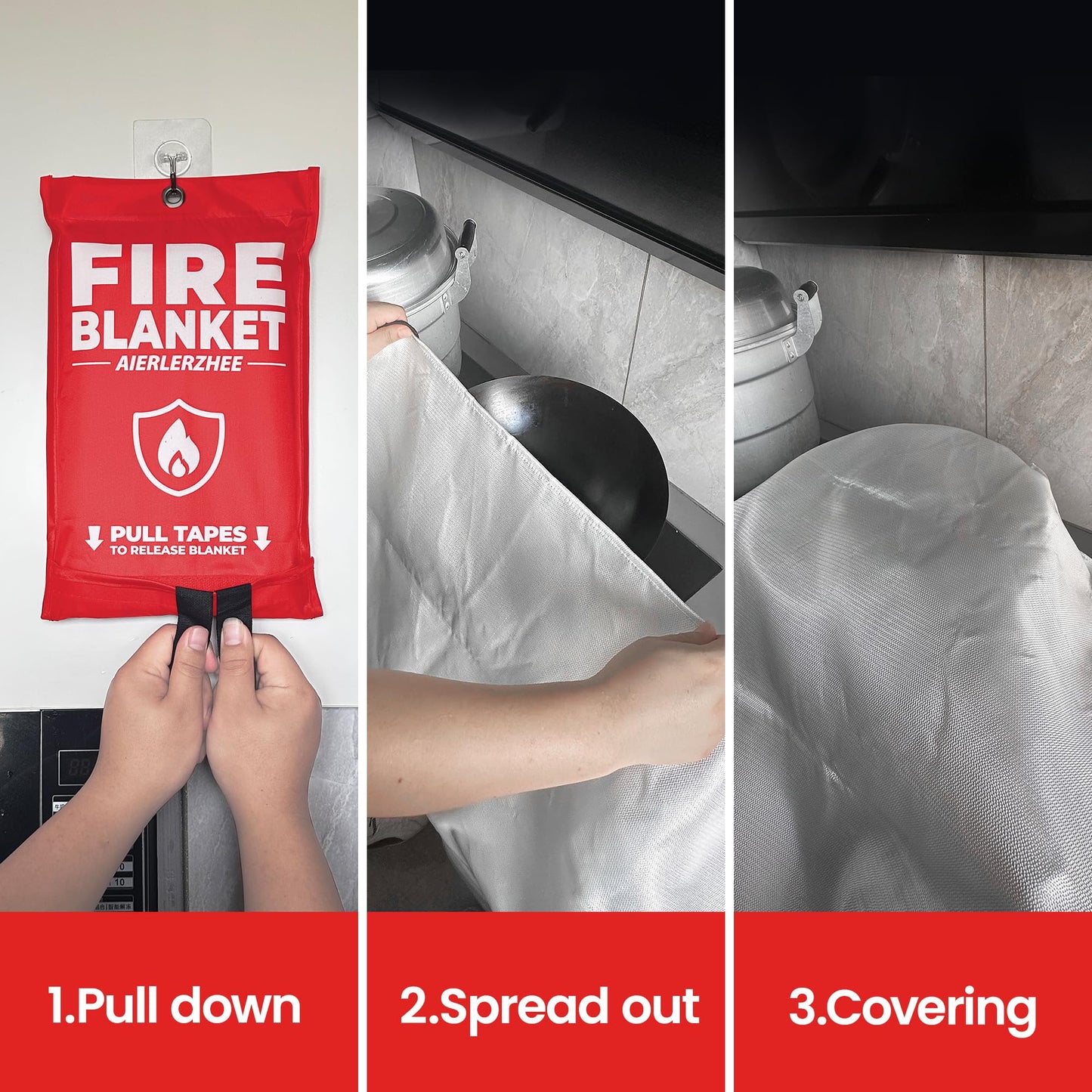AIERLERZHEE Fire Blanket 2 Pack 40"x40" – CE Certified Fiberglass, Heat Resistant to 1076°F – No-Mess Fire Suppression for Kitchen, Grill, Car, Camping & Home Safety