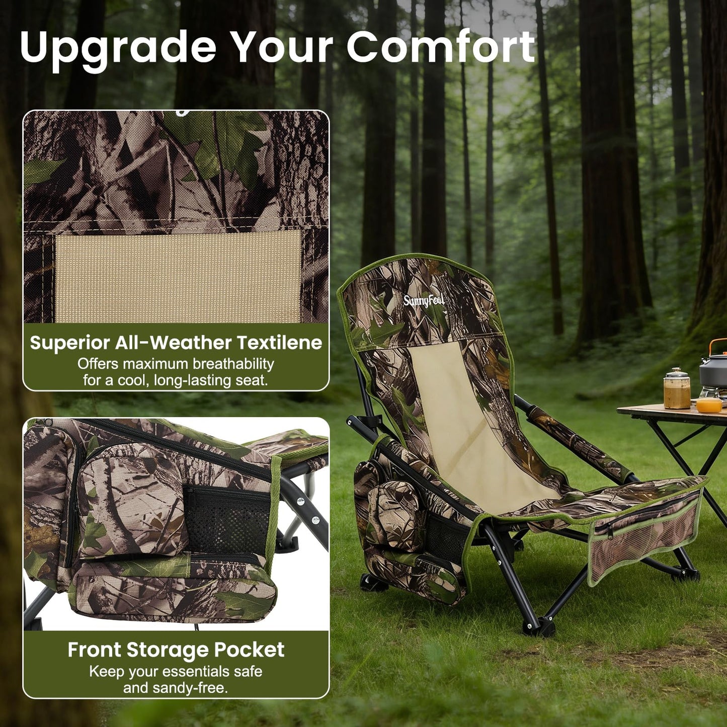 SUNNYFEEL Portable Low Profile Hunting Chair for Ground Blind, Lightweight Folding Turkey Hunting Chair with Silent Steel Frame, No-Sink Feet & Carry Strap, Camo Hunting Seat