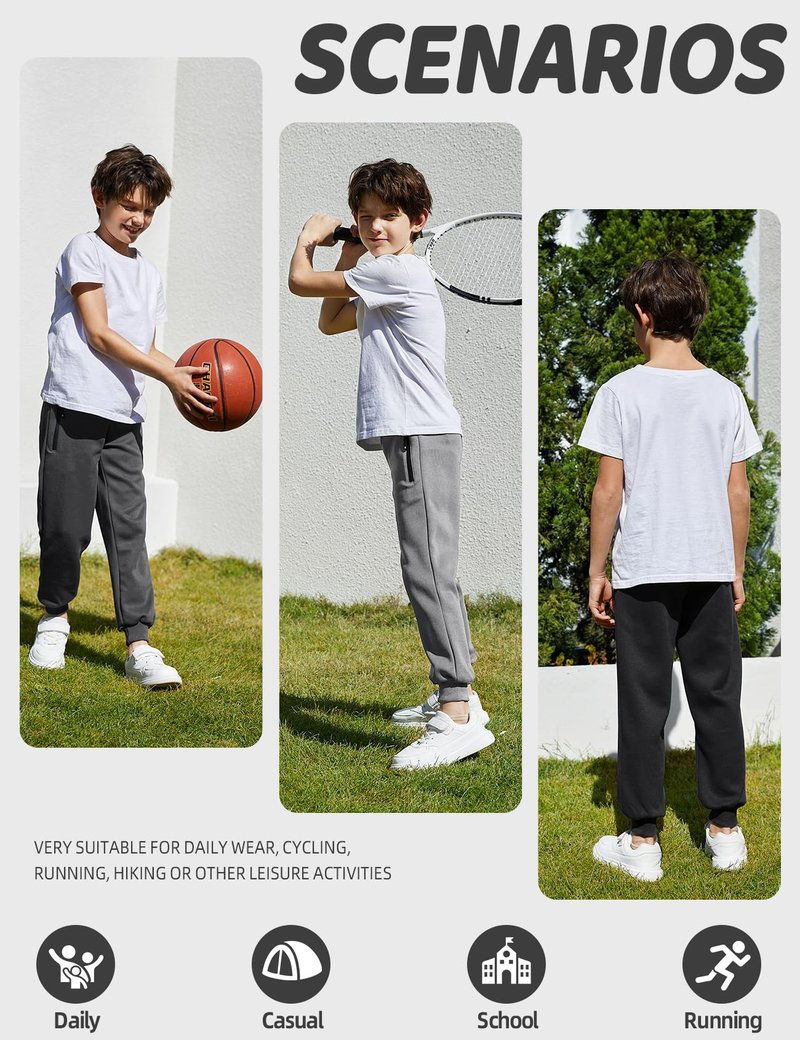 Gihuo 3 Pack Boys Sweatpants Athletic Workout Kids Joggers with Zipper Pocket Drawstring Active Casual Soft Jogging Sweat Pants (BlackLightGreyDarkGrey-S)