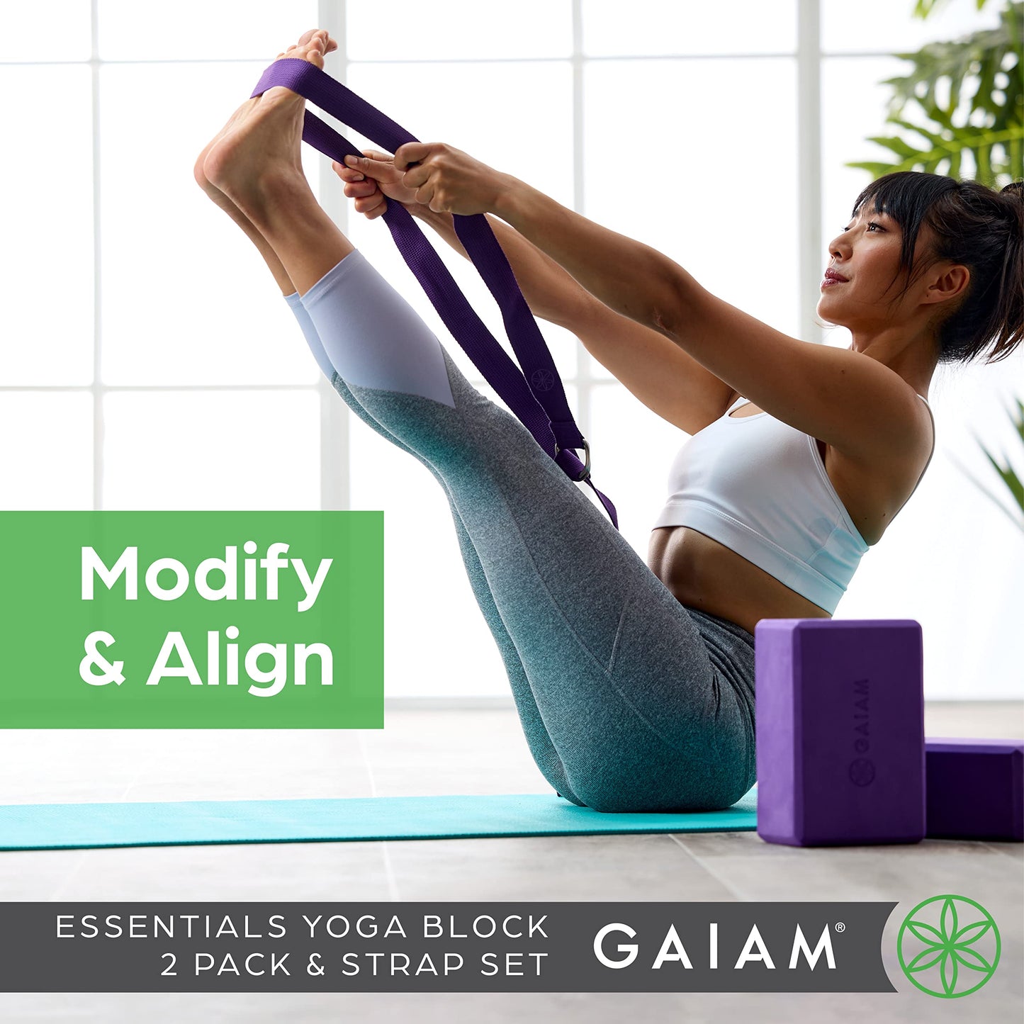 Gaiam Essentials Yoga Block 2 Pack & Yoga Strap Set, Deep Purple, 9"W x 6"H x 4"D