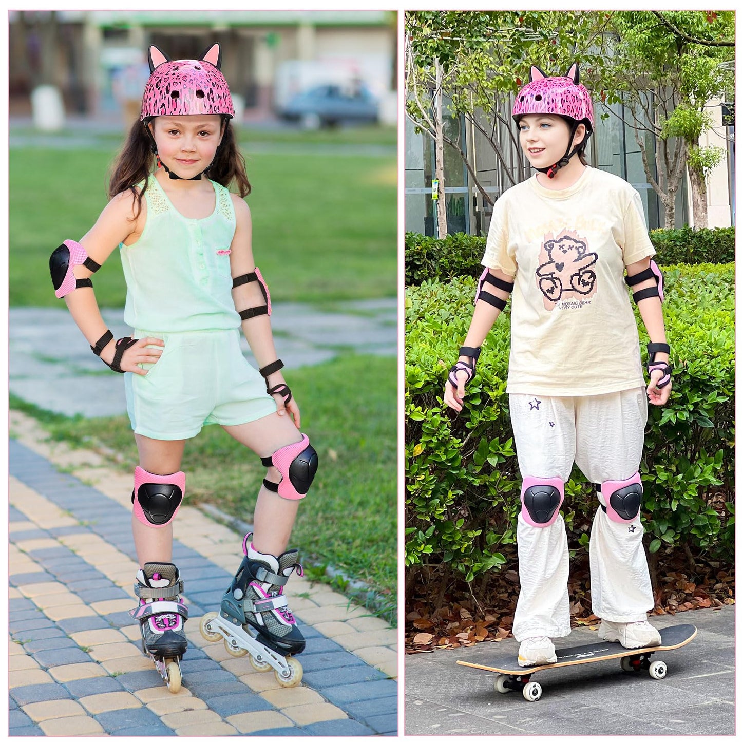 Kids Helmet, Bike Helmets for Kids 3-8-14 with Knee Pads and Elbow Pads Wrist Guards, Adjustable Youth Girls Bike Helmet with DIY Cat Ears Skateboard Helmet for Scooter Skating Cycling