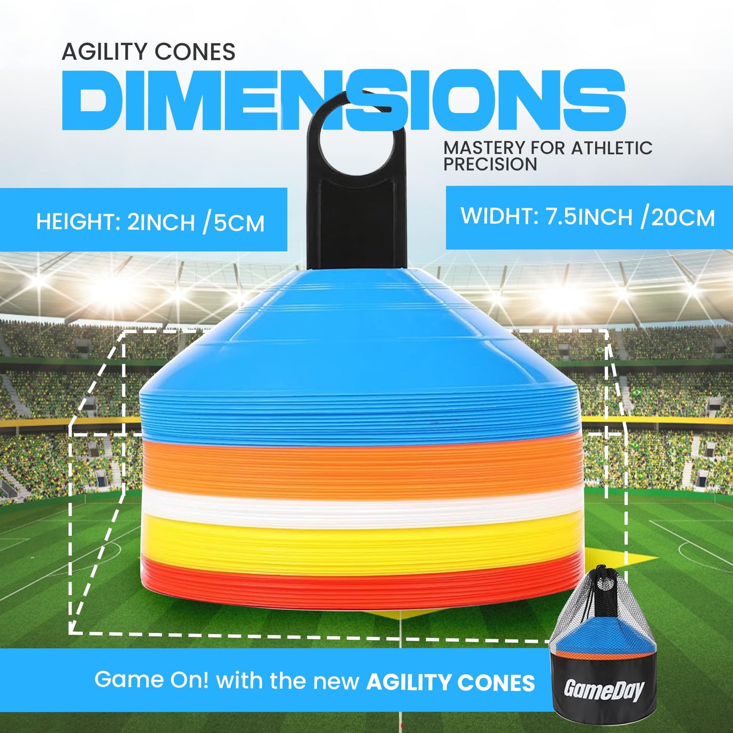 GameDay Fitness Soccer Disc Cones – Set of 50 Agility Field Cones with Mesh Carry Bag & Holder - Durable Sports Training Equipment for Football, Basketball, Coaching, Practice Drills (Y/R/O/B/W)