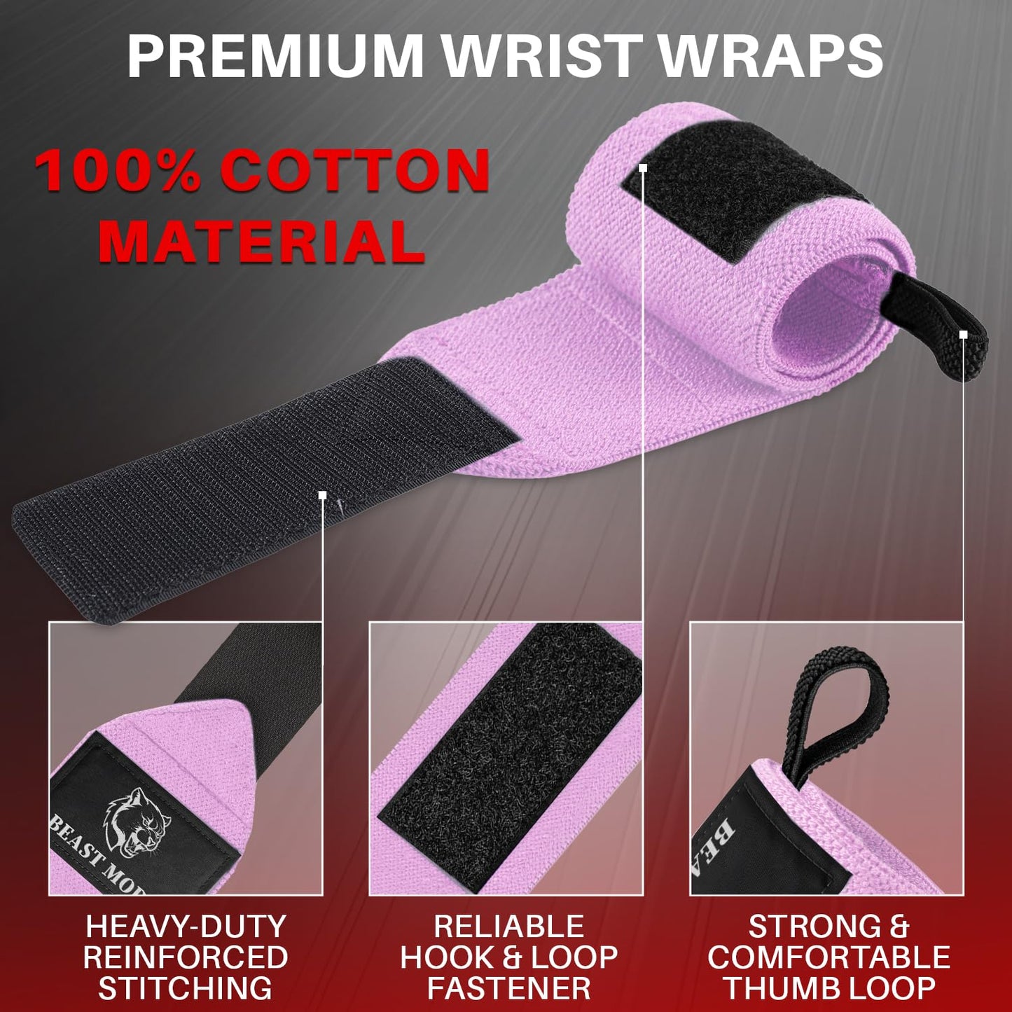 TECEUM Weightlifting Wrist Wraps with Thumb Loop – Pink – Beast Mode – 18 inch – Heavy-Duty Workout Wrist Support & Protection – Ideal for Powerlifting, Strength Training, Bodybuilding