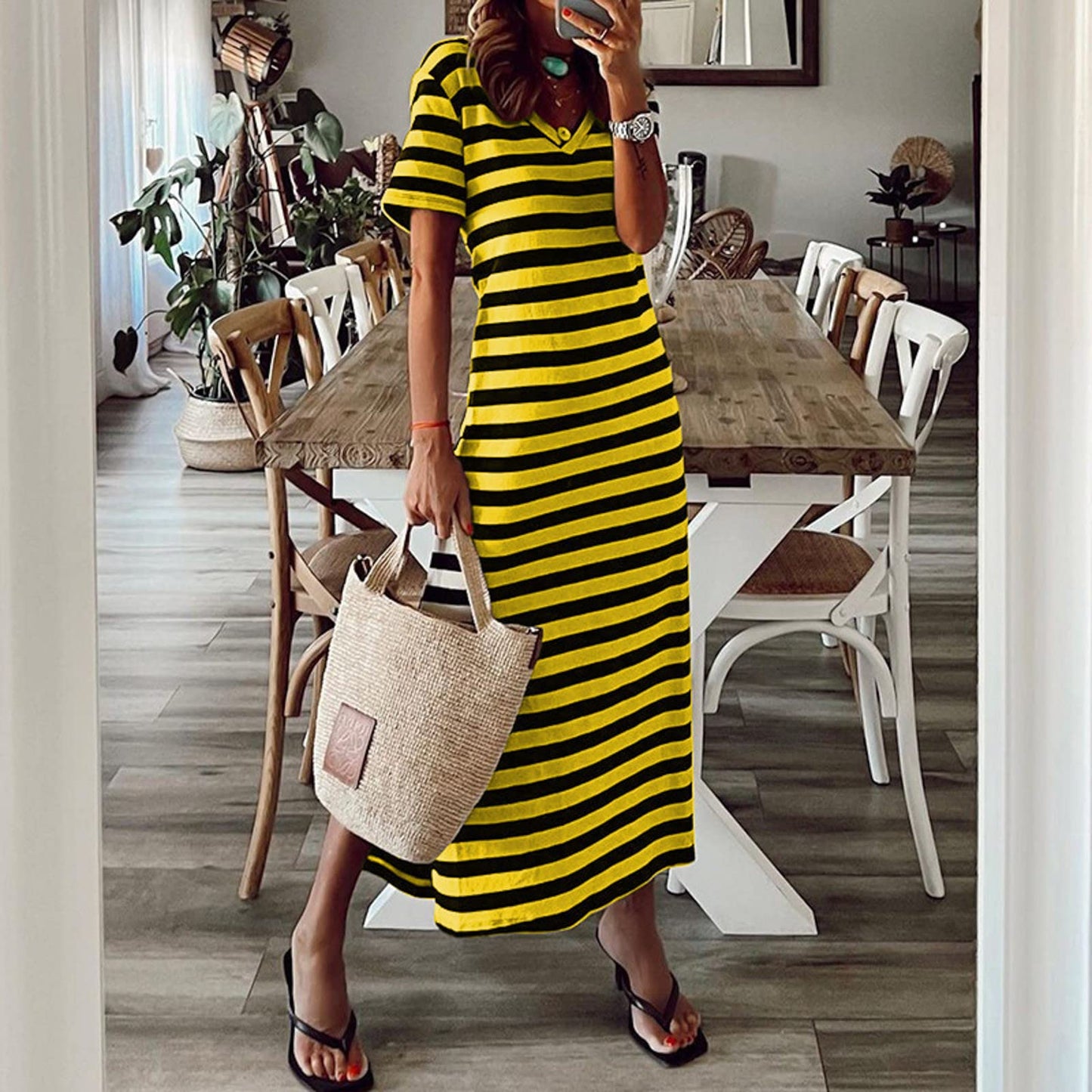 Willisos Maxi Dresses for Women 2024 Women's Summer Maxi Dress Loose Casual Long Dress Striped Short Sleeve Split Sundresses Yellow, Large