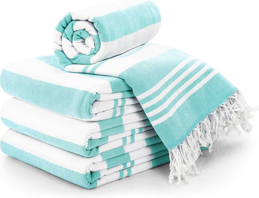 Turkish Beach Towels - Oversized 100% Cotton 4-Pack | Lightweight, Quick-Dry & Sand-Free (40 x 72 Inches - Aqua)