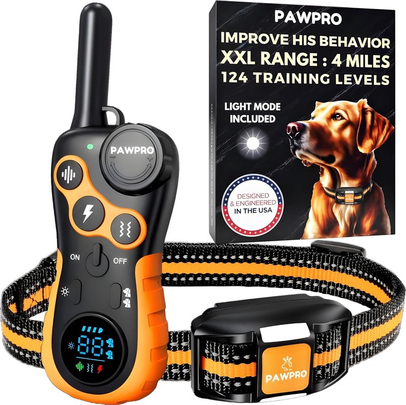 Dog Shock Collar - 4-Mile Remote Range, Waterproof & Rechargeable | 124 Training Levels, Night-Light Mode
