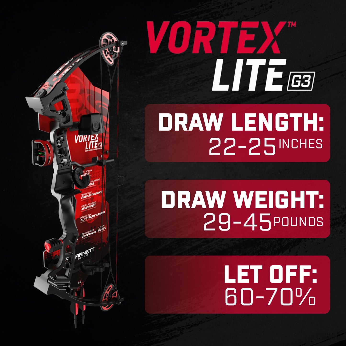 Barnett Vortex Lite G3 Youth Bow - 22-25in Draw Length, 18-29lb Hunting Compound Bow, Adjustable 60-70% Let Off, 3 Pin Fiber Optic Sight, Brush Retainer Rest, Fast Action Quiver, D Loop Installed