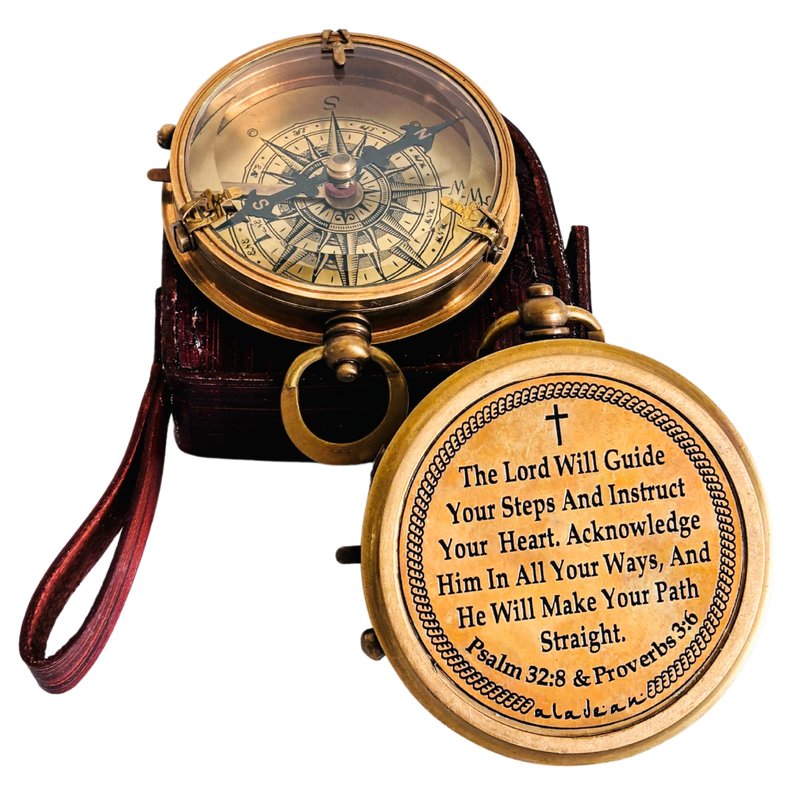 ALADEAN Religious Christian Gift Compass - The Lord Will Guide | Uplifting Baptism Gift - Communion 2025 Graduation 2026 Confirmation Gifts (# 7cm with Premium Leather Case)