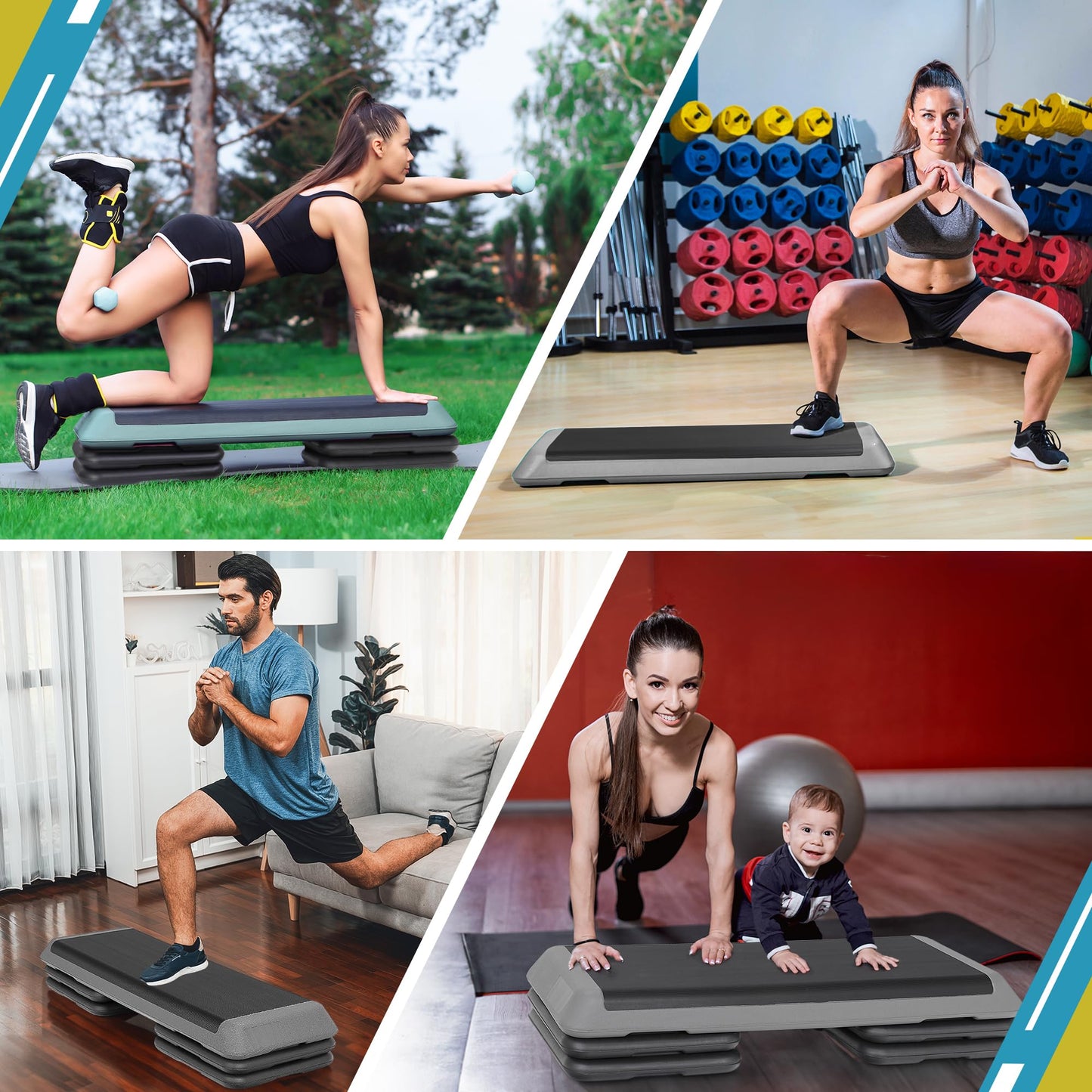 F2C 43 inch Aerobic Exercise Step Platform Adjustable Height Stepper Exercise Workout Step Bench with 4 Risers 4" - 6" - 8" Large Fitness Exercise Stair Step for Home Gym Fitness Training Black