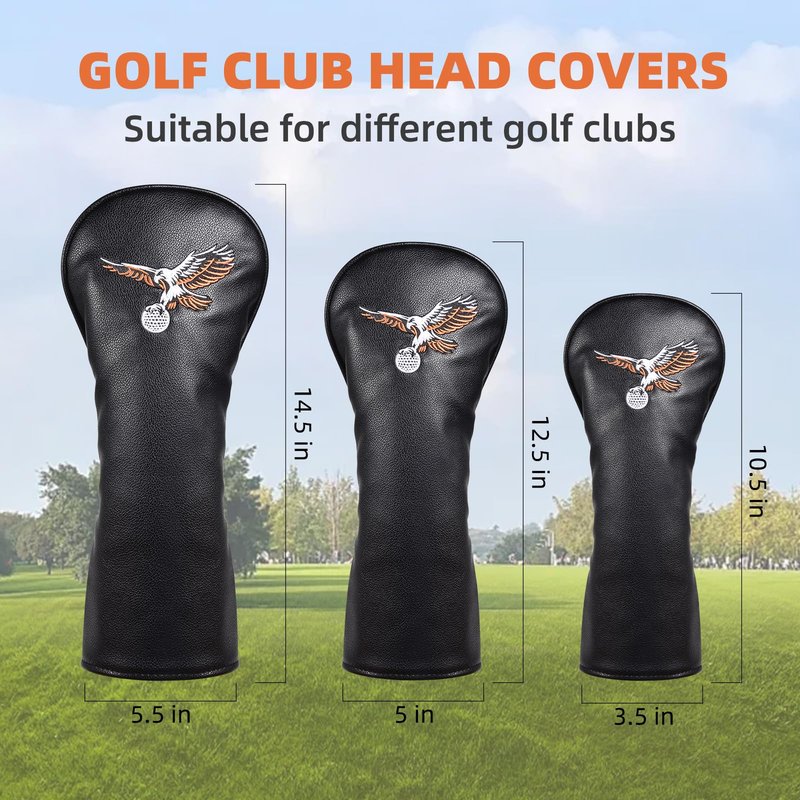 Ausluofell Golf Club Head Covers Set - Waterproof PU Leather Iron/Wood/Putter Headcovers (1,3,5, H Size) Premium Lightweight Golf Head Cover with Anti-Scratch Protection for Men & Women (Black)