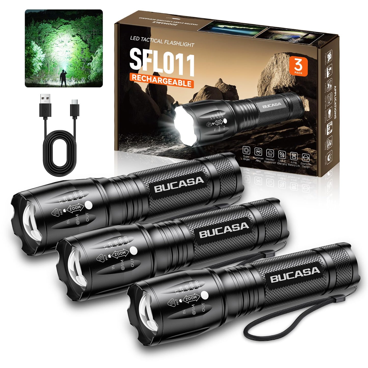 BUCASA Rechargeable Flashlights High Lumens 3 Pack, Brighter Small Flashlight Powerful Tactical Flashlights Rechargeable, Waterproof LED Flashlight with 3 Modes Zoomable for Camping Emergency