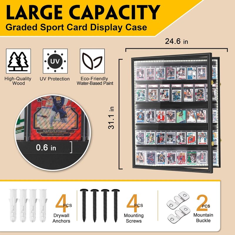 Baseball Card Display Case with LED Light - Large Wooden Cabinet for 40 Cards | Ideal for Sports Collectibles