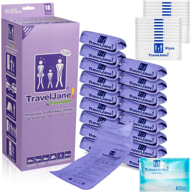 TravelJane Resealable Disposable Urinal Bags 28oz (18 Pack) – Travel Urinal for Women, Men & Kids – Odorless Leakproof Portable Urine Bags – Ideal for Camping, Emergencies & Long Car Rides (TJ1T-C)
