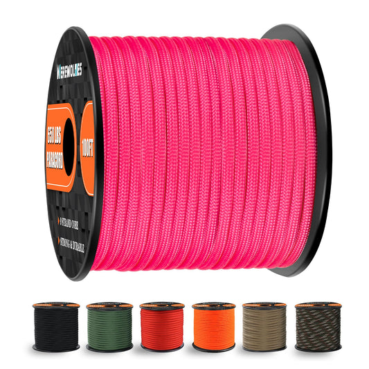 WEREWOLVES 650lb Paracord/Parachute Cord - 9 Strand Paracord Rope - 100', 200' Spools of Parachute Cord, Type III Paracord for Camping, Hiking and Survival (Neon Pink, 100 Feet)