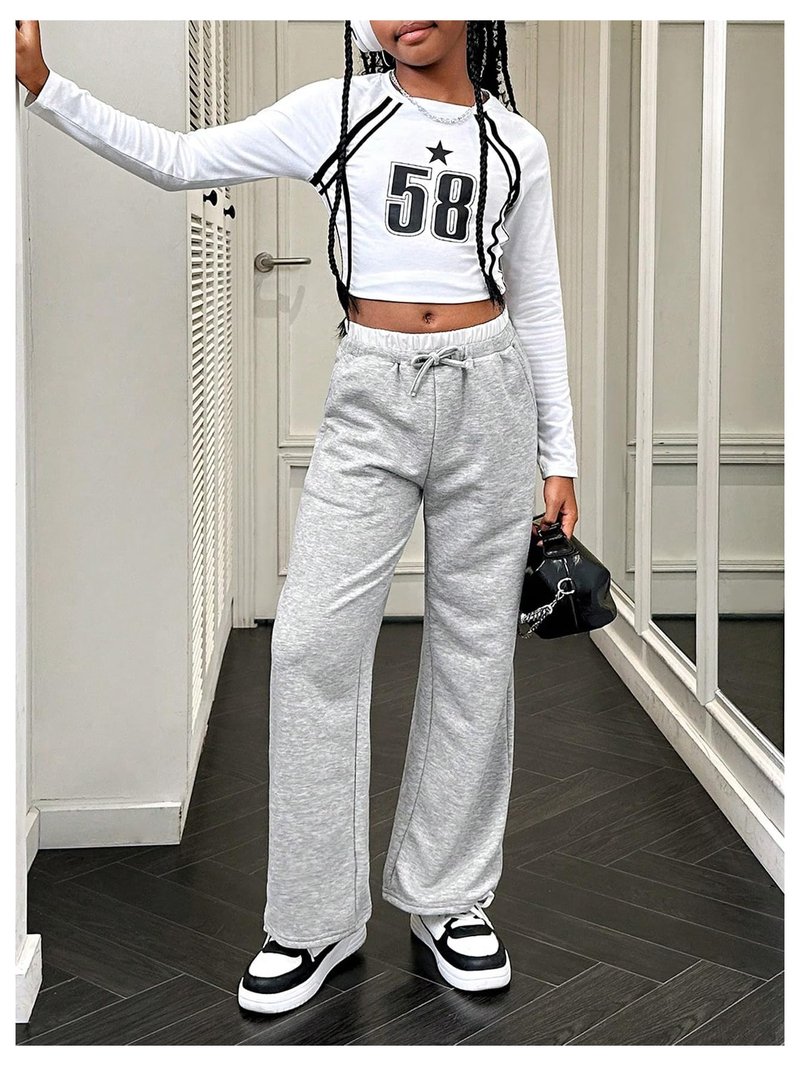 Floerns Girl's Drawstring Waist Track Pants Colorblock Straight Leg Athletic Sweatpants Grey