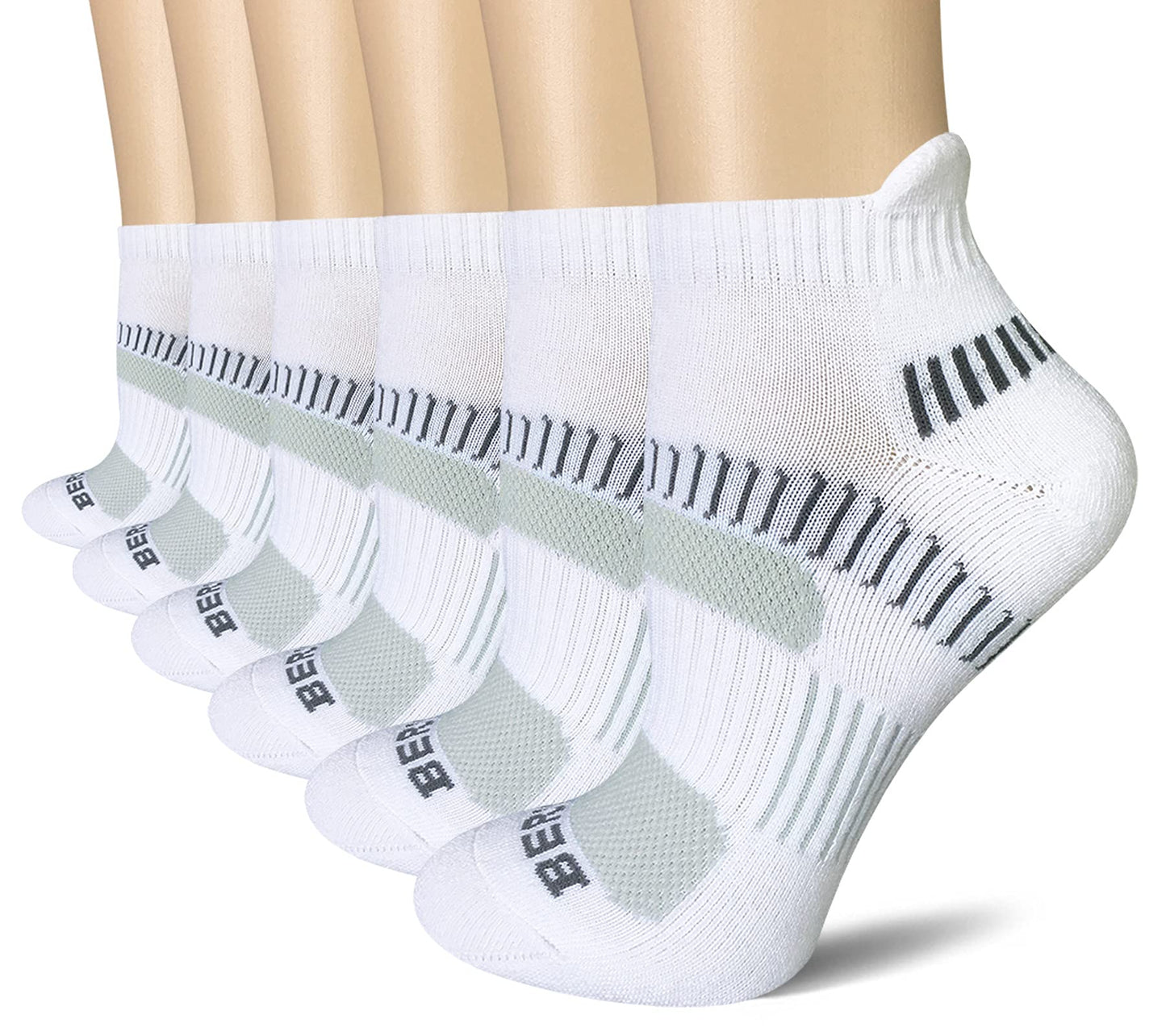 BERING Women's Athletic Running Cushioned Ankle Socks, Size 9-11, White, 6 Pairs