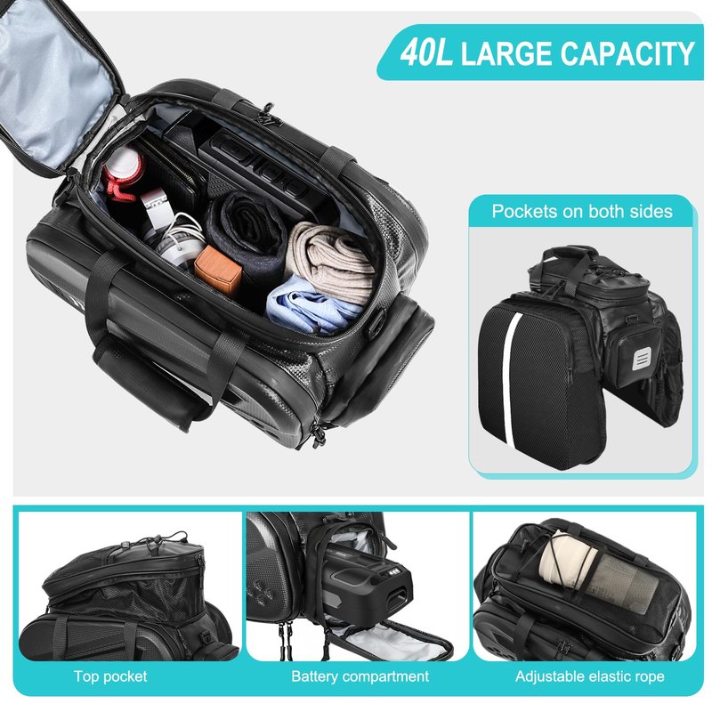 Axiniu 40L Capacity Rear Bike Rack Bag, Hard Shell Bike Rack Bag, Bikes Trunk Bags, Ebike Battery Bags, Multifunction Large Pannier for Bicycle, Bicycle Backpack for Ebike, Travel, Commuting,Black