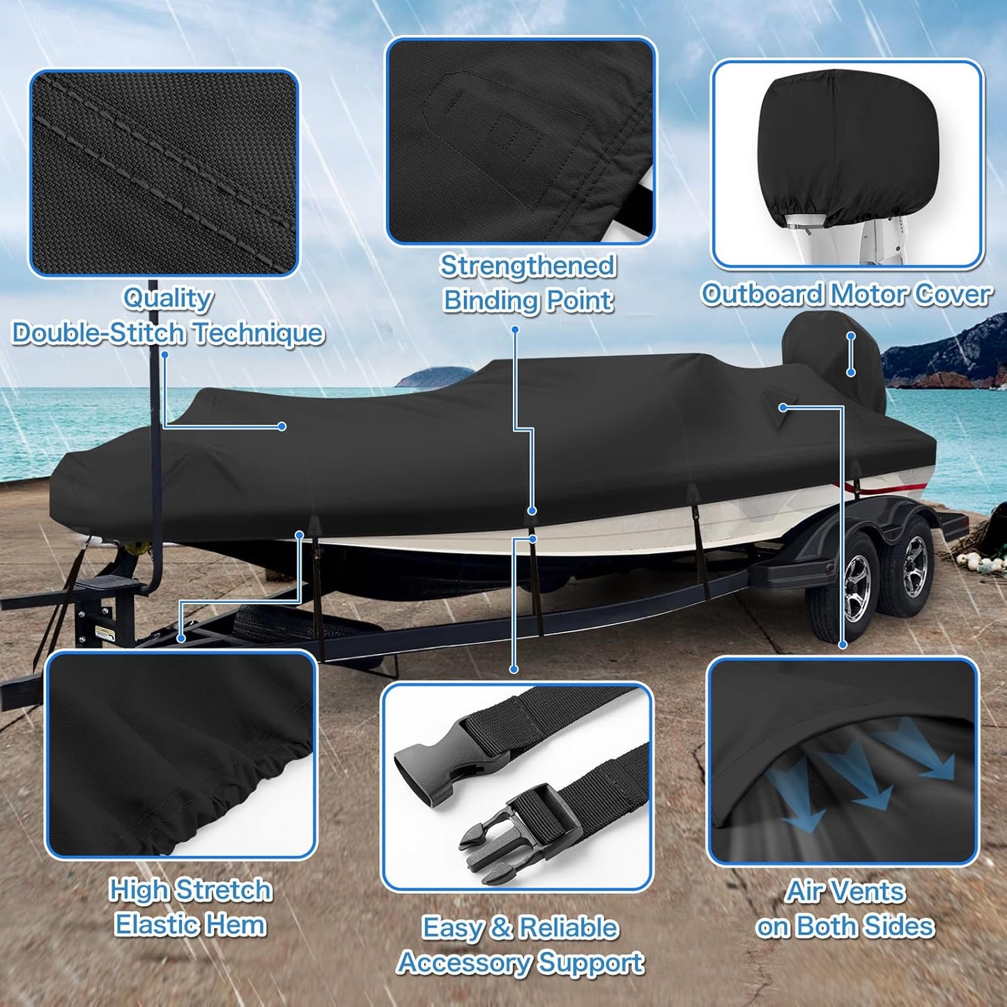 Waterproof 1200D PU Boat Cover - Heavy Duty Marine Grade for 17-19' Bass, V-Hull, Runabout | Black