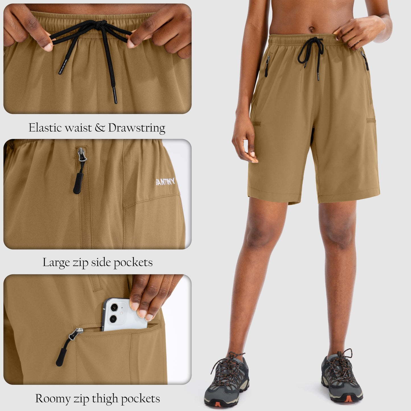 SANTINY Women's 5''/ 7''/9'' Hiking Cargo Shorts Quick Dry Lightweight Summer Shorts for Women Athletic Zipper Pockets(Dark Khaki_M)