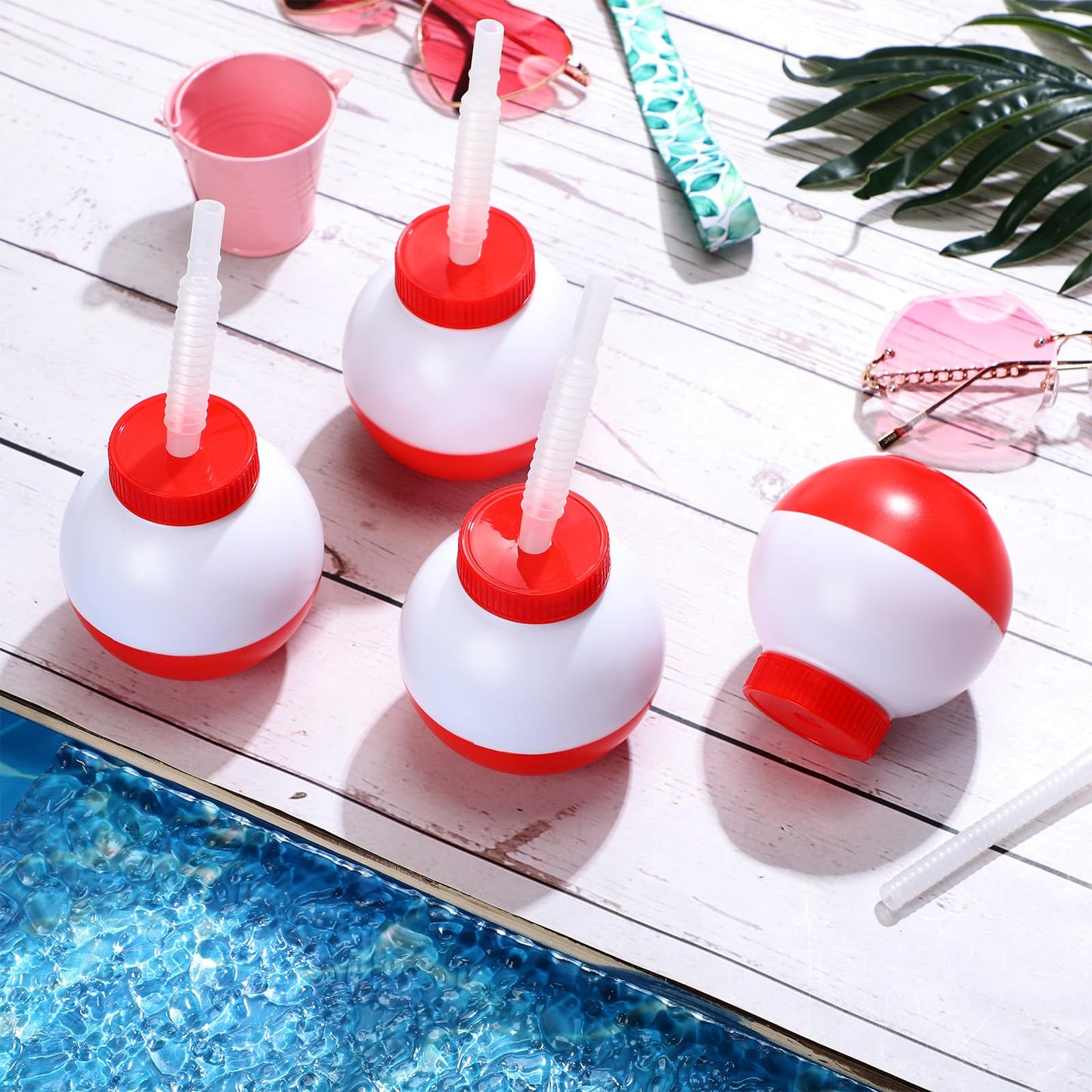 FillTouch 12 Set Fishing Bobbers Cups with Straws and Lids 10 oz Fun Fishing Birthday Party Decorations Red and White Plastic Cups for Kids Fishermen Pool Party Decorations