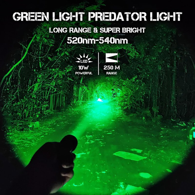10W Green Hunting Flashlight - Ultra Bright LED Tactical Light for Night Hunting | 273-Yard Range, Single Mode