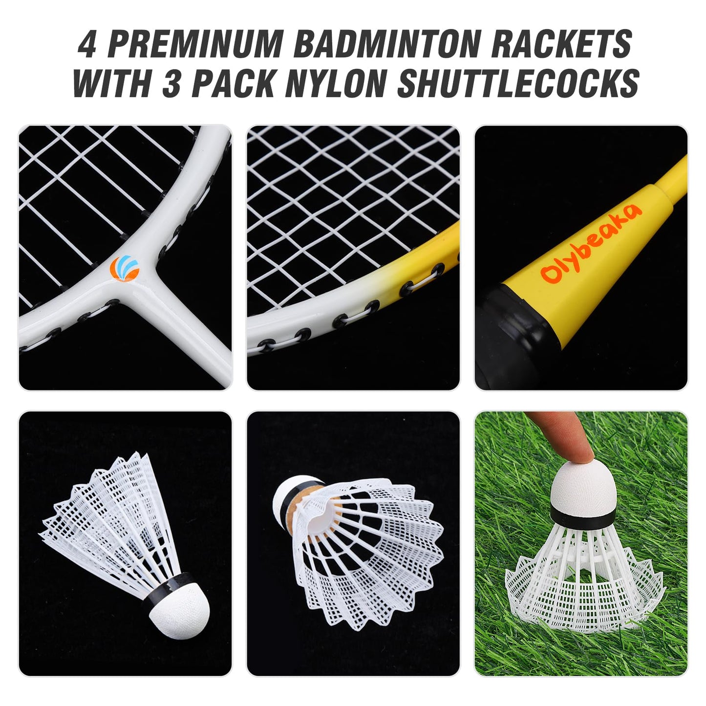 Portable Outdoor Badminton Net Set System for Backyard Lawn Beach, with Durable Net, 4 Carbon Aluminum Rackets, 3 Birdies and Carrying Bag