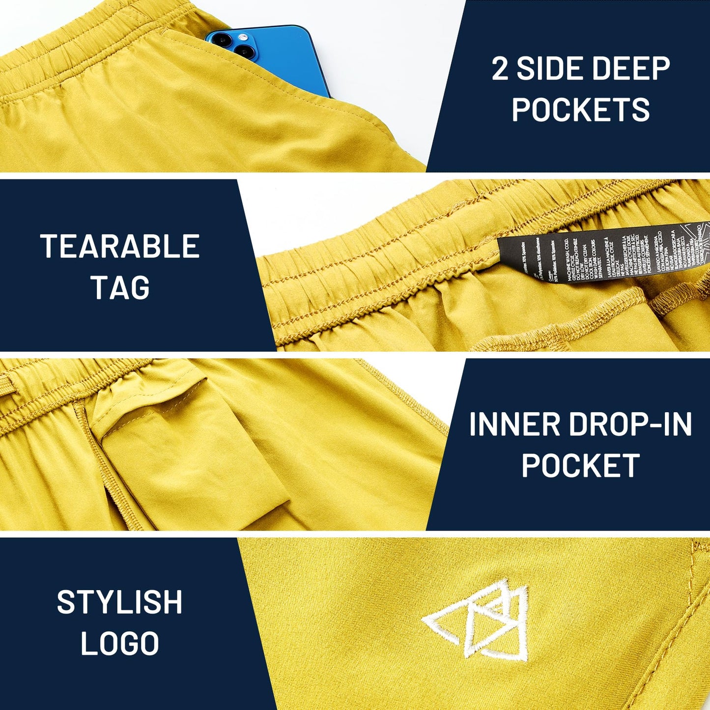 Haimont Mens Gym Shorts with Pockets, Elastic Waist Water Resistant Athletic Workout Exercise Fitness Shorts, 5 Inch, Yellow, M