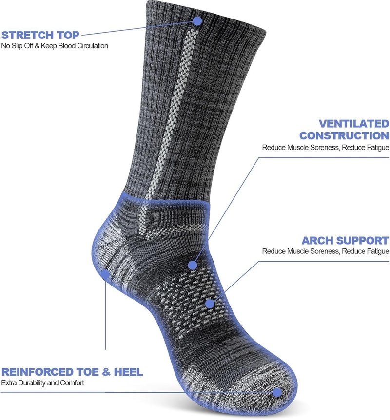 Men's Cotton Crew Work Socks - 5 Pairs Cushioned Boot Moisture Wicking Athletic Socks for Hiking & Running
