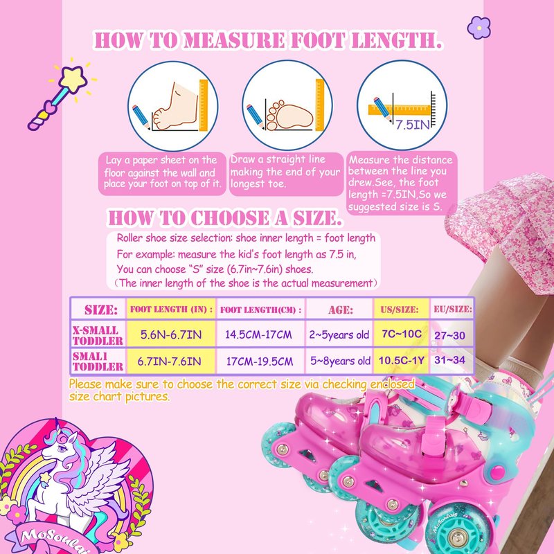 MoSoulais Unicorn Kids Roller Skates Adjustable Girls Roller Skate with Light Up Wheels Toddler Roller Skates Birthday Girly Gift for Youth Children Beginner Ages 5 6 7 8 - Pink S(10.5C-13C)
