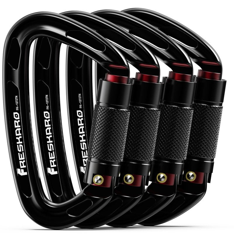 FresKaro Climbing Carabiner Clip, Heavy Duty, Auto Locking, Twist Lock Carbineers for Firefighter, Rock Climbing, Rappelling, Hunting, Gym, UIAA CE Certified 25kN Karabiners, 4 Inch, Black, 4 Pack