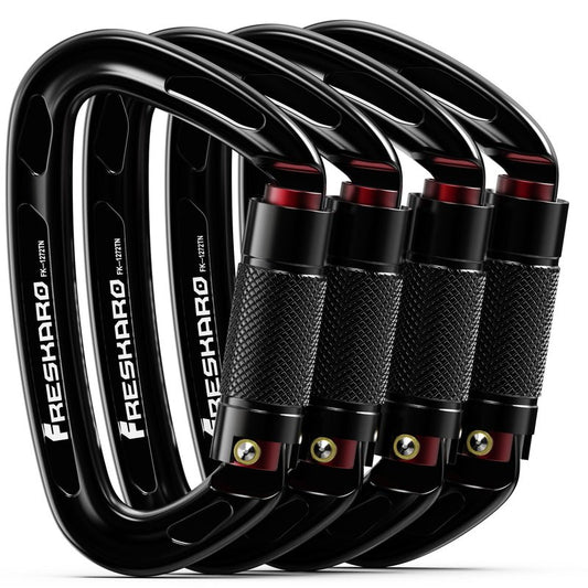 FresKaro Climbing Carabiner Clip, Heavy Duty, Auto Locking, Twist Lock Carbineers for Firefighter, Rock Climbing, Rappelling, Hunting, Gym, UIAA CE Certified 25kN Karabiners, 4 Inch, Black, 4 Pack