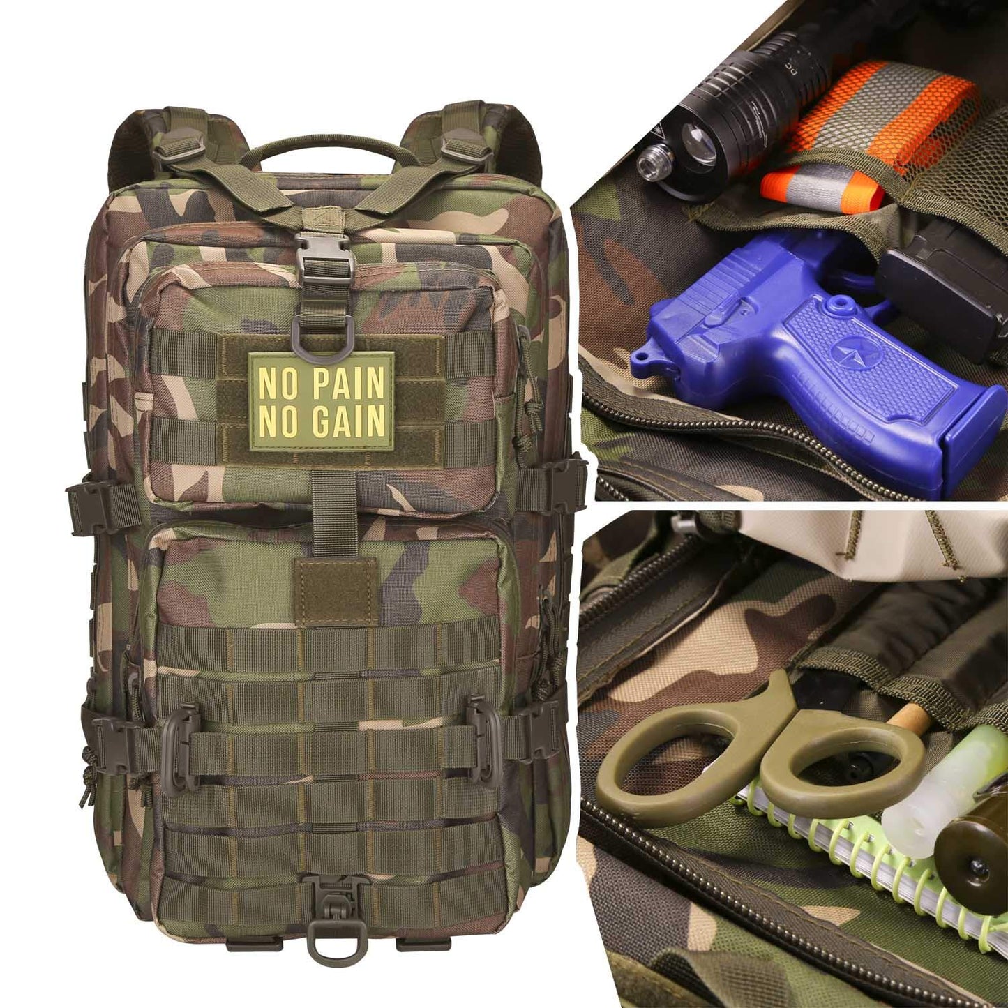 Hannibal Tactical MOLLE Assault Backpack, Tactical Backpack Military Army Camping Rucksack, 3-Day Pack Trip w/Patch, D-Rings, Woodland