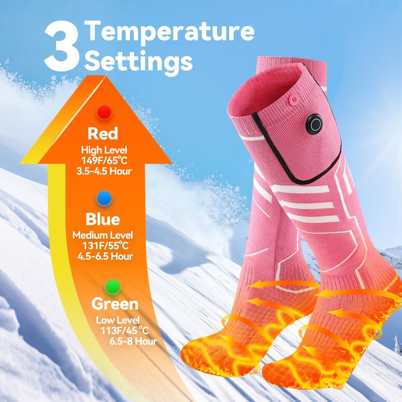 AGPTEK Heated Socks for Women, 5V 6000mAh Rechargeable Electric Heat Socks, Winter Foot Warmer Socks with 3 Heating Levels for Outdoor, Ski, Snowboard, Hiking, Camping, Fishing, Motorcycle, Pink