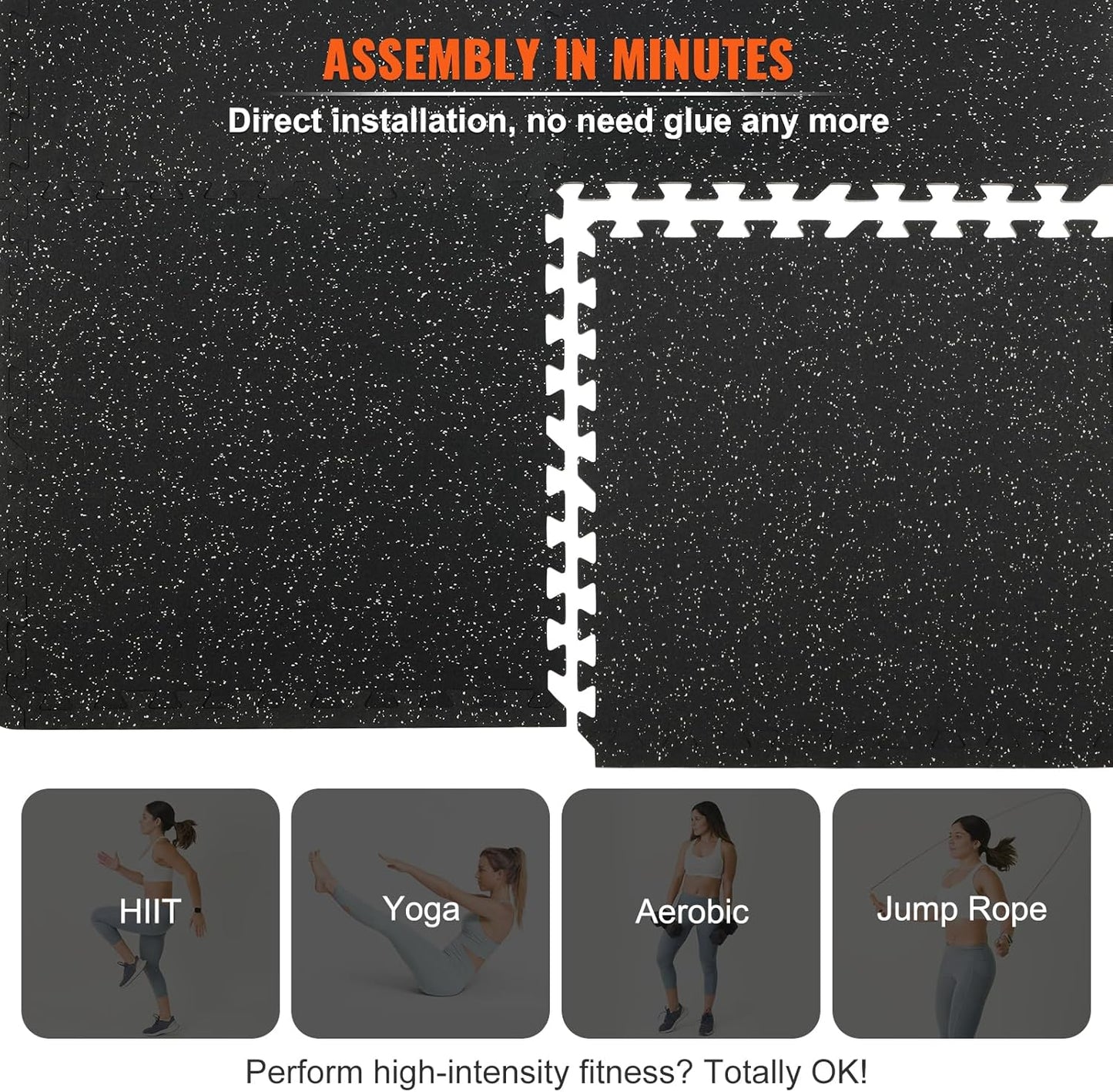 VEVOR Gym Flooring Tiles - Interlocking Rubber Mats with High-Density EVA Foam | 25 x 25In, Black & Gray, 48 sq.ft
