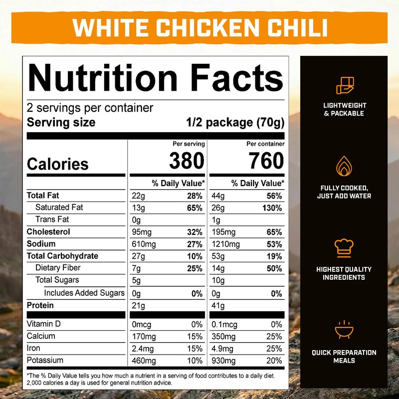 Peak Refuel White Chicken Chili | 41g Protein | 760 Calories | 100% Real Meat | Premium Freeze Dried | Amazing Taste & Quality | Backpacking & Camping & Prepper Food | 2 Servings
