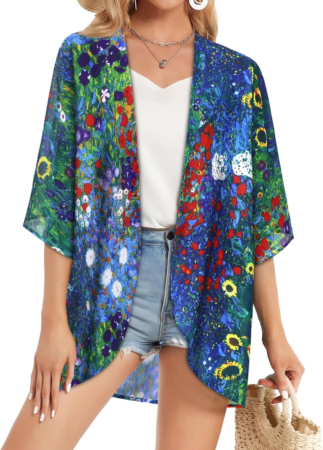 Floral Print Puff Sleeve Kimono Cardigan - Casual Women's Blouse Top | Loose Fit