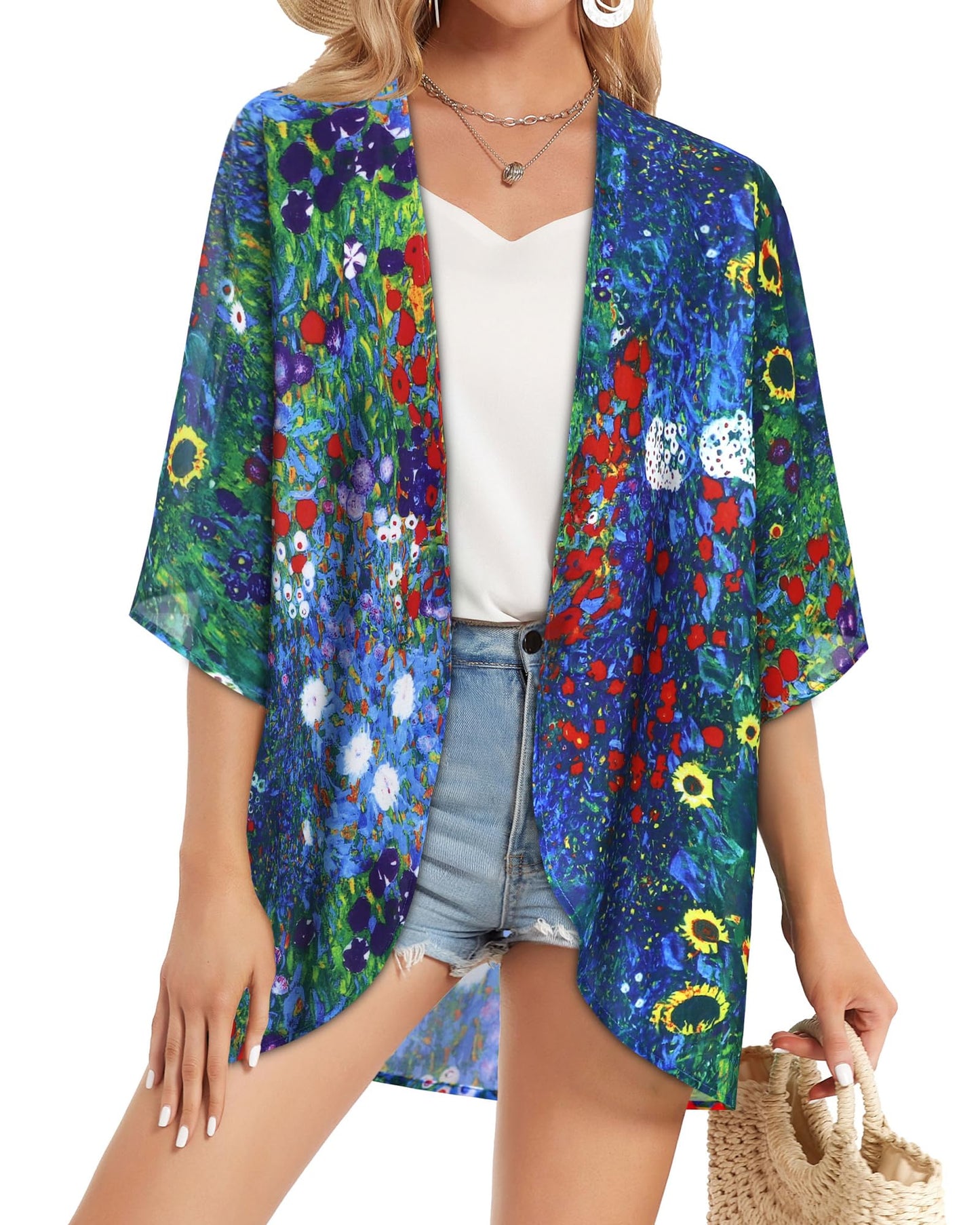 Summer Kimono Cardigan for Women Sheer Hawaii Tops Casual Open Front Swimwear Shirts Beach Cover ups (Green Daisy,3XL)