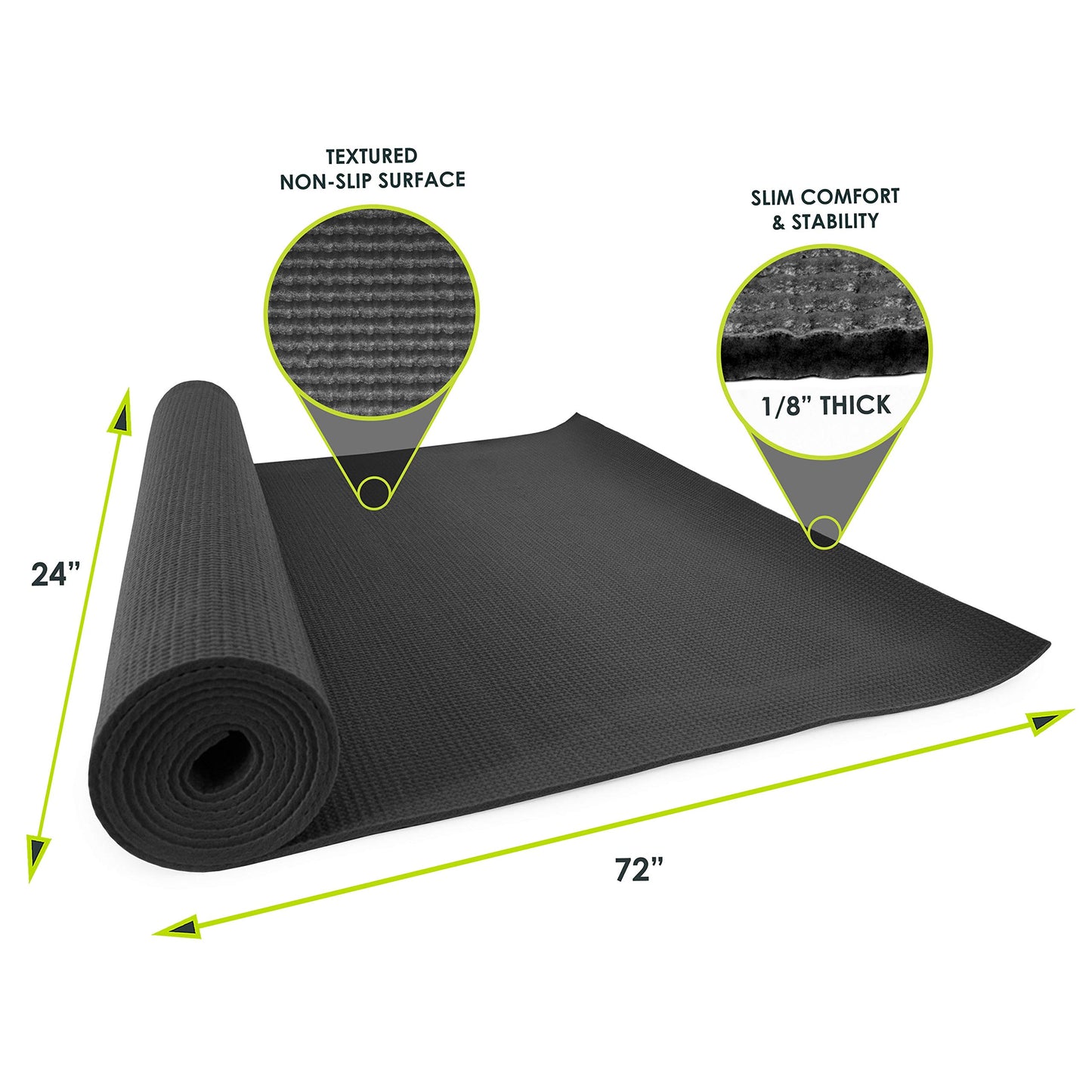 ProsourceFit Classic Yoga Mat 1/8” (3mm) Thick, Extra Long 72-Inch Lightweight Fitness Mat with Non-Slip Grip for Yoga, Pilates, Exercise, Black