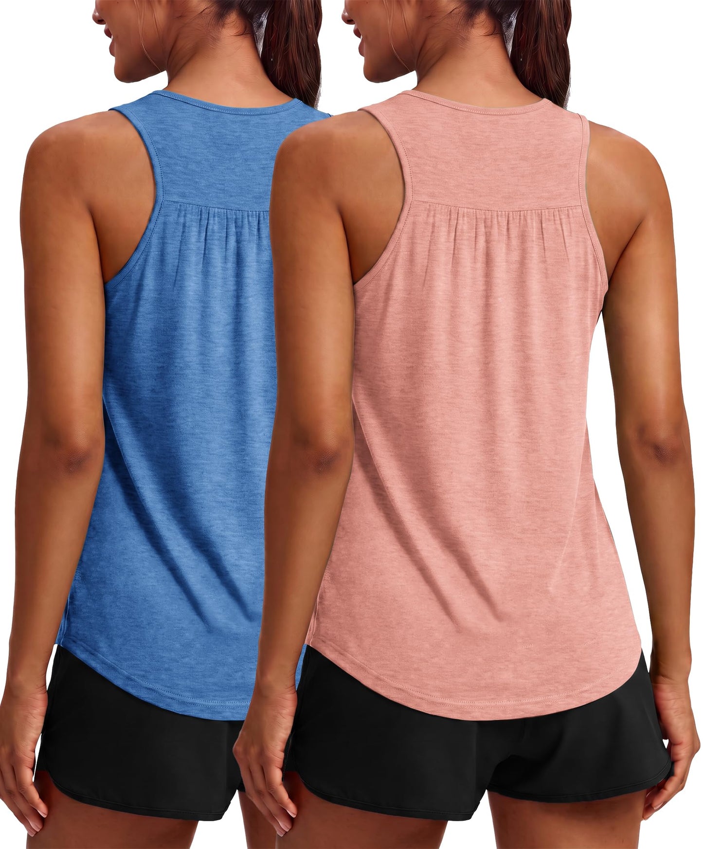 PINSPARK Athletic Tank Tops for Women Sleeveless Racerback Workout Shirts Lightweight Running Tennis Pickleball Outfits 2 Pieces,Blue/Coral XXL