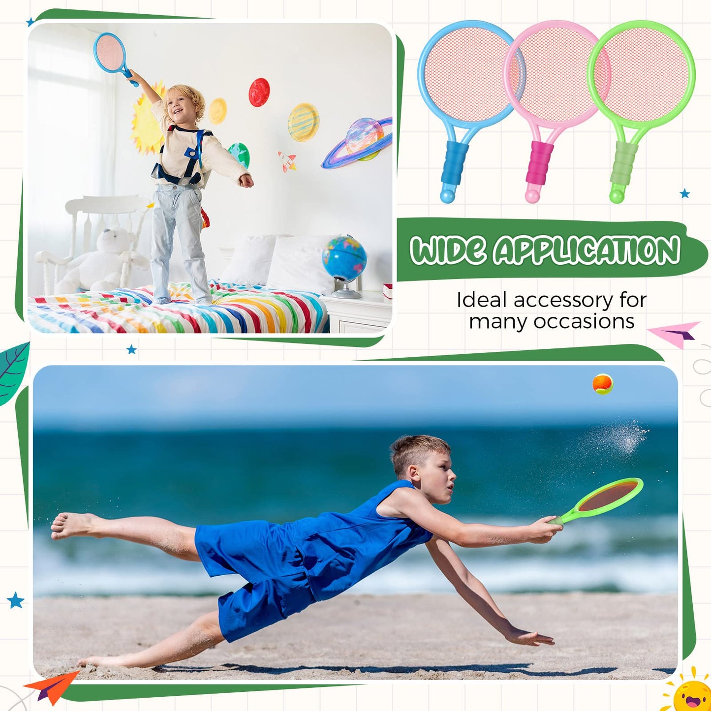 Wettarn 8 Pcs Plastic Kids Tennis Racket with 4 Tennis Balls and 4 Shuttlecocks Training Balls Beach Racket Set in 3 Colors for Kids Outdoor Sports Gifts