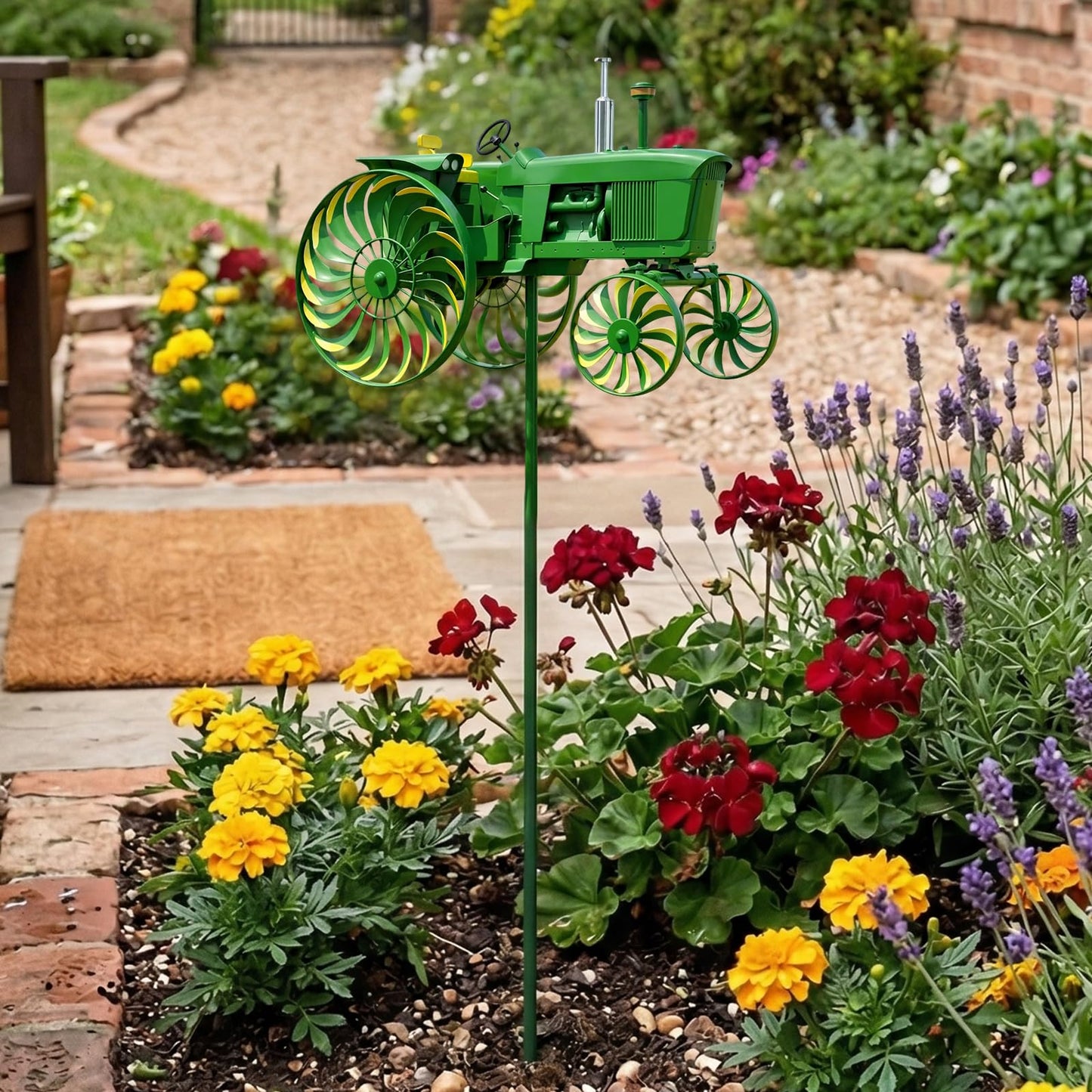 Green Tractor Windmill for Yard and Garden, Metal Wind Spinners Outdoor with Stake, Kinetic Garden Decor, Durable Rustic Farmhouse Yard Decoration (1PC)
