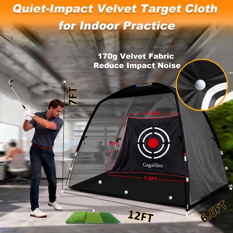 Gagalileo Golf Hitting Net Backyard Driving: 12x7FT Professional Backstop with Silent Velvet Target Portable Practice for Men Dad Complete Sport Set Gift Black