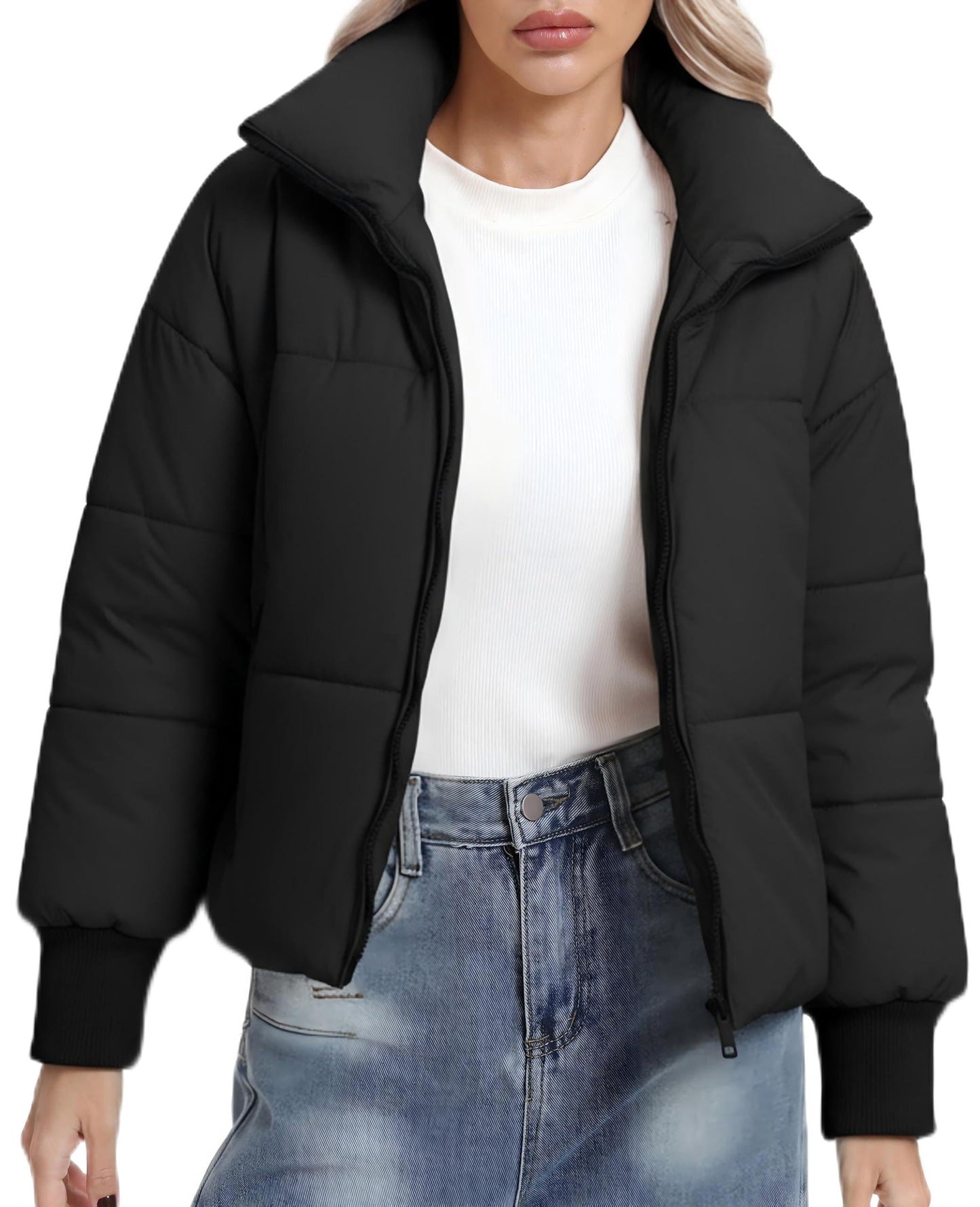 BenBoy Women's Winter Puffer Jacket Short Cropped Padded Baggy Crop Warm Quilted Jackets Short Casual Outerwear Coats,MF2999W-Black-L