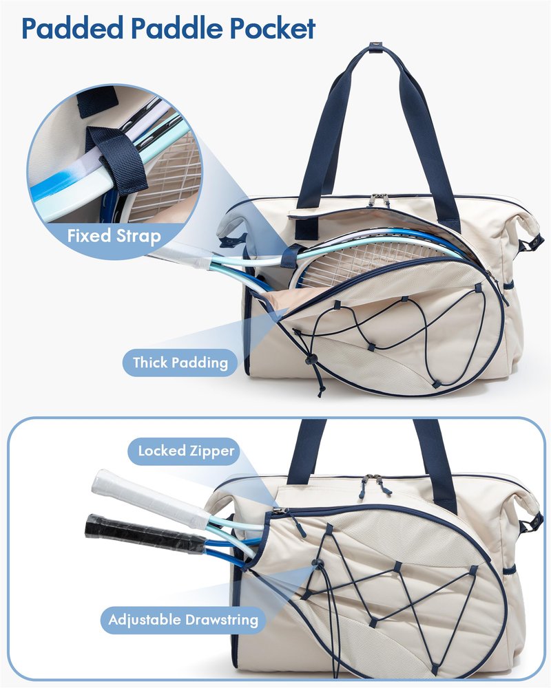 Smasrob Tennis Travel Bag for Women with Exterior Drawstring Racket Pocket and Separate Shoe Compartment, Weekend Bags with Wet Pocket and Laptop Pocket, Beige